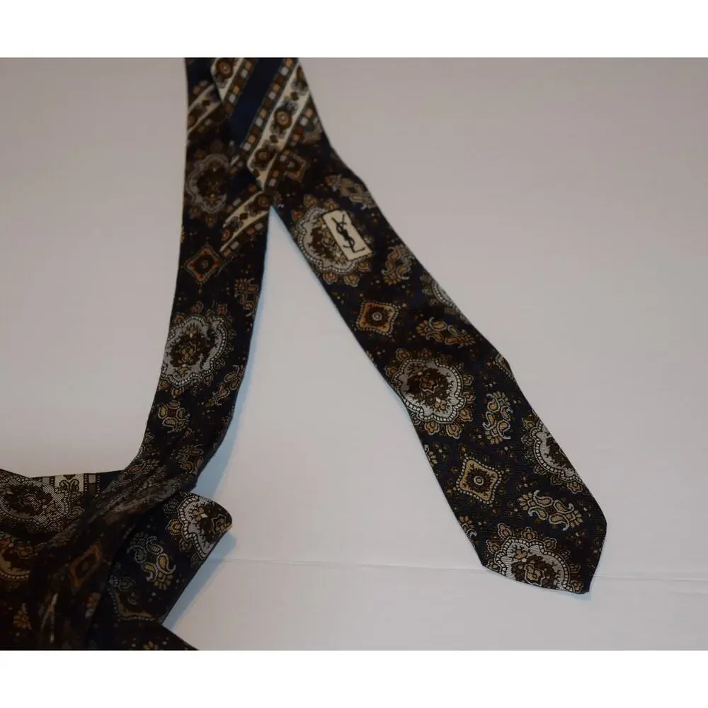 Vintage Yves Saint Laurent Tie Navy Blue Geometric Pattern Designer YSL